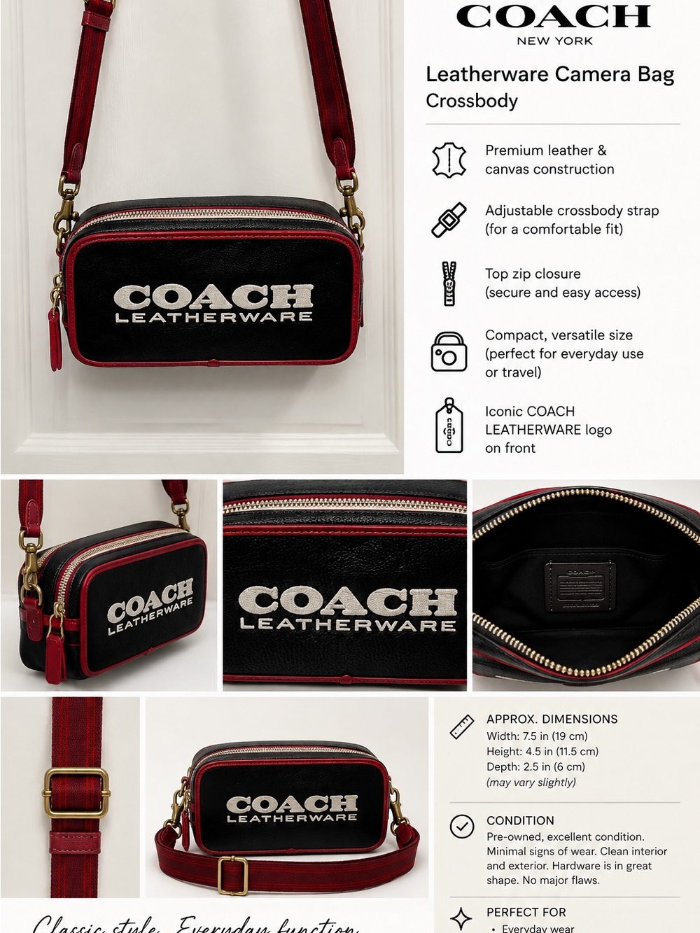 Coach Black & Red Leatherware Camera Crossbody